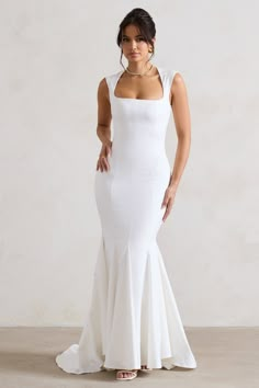 Adore You Cream Square-Neck Structured Fishtail Maxi Dress – Club L London - USA Cream Bridesmaids Dresses, White Dress Couple Photoshoot, Simple Elopement Dress, Elope Dress, Wedding Dress Square Neckline, White Engagement Dress, Simple Engagement Dress, Square Neckline Wedding Dress, White Dress With Sleeves