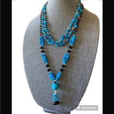 Beautiful, Southwestern Style Multi Strand Mix, Gem Necklace 2 Necklaces 18” Bohemian Blue Long Necklace With Colorful Beads, Blue Bohemian Long Necklace With Colorful Beads, Bohemian Long Blue Necklace With Colorful Beads, Blue Adjustable Long Necklace, Bohemian Blue Gemstone Bead Necklaces, Bohemian Blue Turquoise Necklace With Natural Stones, Bohemian Blue Beaded Necklaces With Natural Stones, Blue Bohemian Beaded Necklace With Natural Stones, Southwestern Style Blue Jewelry With Colorful Beads