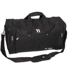 Everest Two-Tone Sports Duffel Bag - Black Looking for a sporty and stylish duffel bag? Look no further than our Everest two-tone sports duffel bag. This spacious bag has a main compartment, dual side zippered compartments, and a wide front zippered pocket. It also features an adjustable shoulder strap and velcro close handles. Made of 600D polyester, this bag is perfect for any athlete or adventurer. Material: 600D Polyester. Dimension: 21.5 x 11.5 x 10 in. Capacity: 2260 cu in/ 37 L. Weight: 2 Best Travel Bags, Travel Duffel, Leather Travel, Weekender Bag, Duffel Bag, Luggage Bags, Travel Bag, Front Zipper, Gym Bag