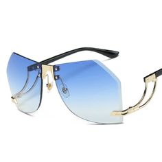 Brand New Women Gold Rimless Frame Sunglasses Blue Transparent Lens Casual Blue Shield Sunglasses For Beach, Casual Blue Shield Sunglasses For The Beach, Blue Casual Shield Sunglasses For Beach, Modern Blue Shield Sunglasses For Summer, Modern Blue Sunglasses For Vacation, Blue Sunglasses For Spring Party, Trendy Blue Shield Sunglasses For Beach, Casual Rimless Shield Sunglasses For Spring, Blue Sunglasses For Summer Vacation