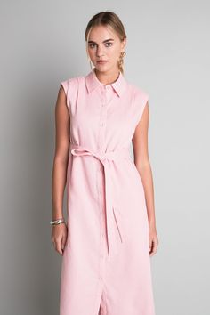 Elevate your summer wardrobe with our must-have Linen Shirt Midi Dress. Made from high-quality linen fabric, it offers a lightweight and breezy feel for all-day comfort. The stylish collar and sleeveless design give it a contemporary touch, while the shoulder tuck details add a touch of elegance. Perfect for a day out or a casual lunch date, this dress is a versatile choice for any occasion. Its relaxed fit and midi length make it a flattering choice for all body types. Shop now and step up your Shirt Midi Dress, English Factory, Casual Party Dresses, Lunch Date, Maxi Dress Sale, Pink Maxi, Pink M, Fashion Night, Midi Shirt Dress