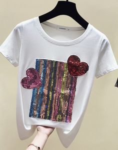 Cute sequins t-shirt black t-shirt white t-shirtColor: white, blackSize(cm): S, M, L, XL, 2XLS: length 58cm bust 82cm sleeve length 15cmM: length 59cm bust 86cm sleeve length 16cmL: length 60cm bust 88cm sleeve length 17cmXL: length 61cm bust 92cm sleeve length 18cm&ltp&gt2XL: length 62cm bust 96cm sleeve length 19cm&lt/p&gt&ltbr/&gt White Cotton Party T-shirt, Fitted Sequin T-shirt For Summer, Spring T-shirt With Sequins And Short Sleeves, White Stretch Trendy T-shirt, Stretch T-shirt With Letter Print For Party, Trendy White Stretch T-shirt, Summer Short Sleeve T-shirt With Sequins, Casual Crew Neck T-shirt With Sequins, White Stretch T-shirt For Summer