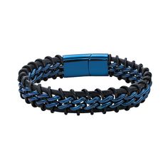 Let your unique sense of style shine with this LYNX bracelet, which features braided leather interspersed with blue ion-plated stainless steel links and a blue ion-plated clasp to add an edgy touch of color to your wardrobe. Let your unique sense of style shine with this LYNX bracelet, which features braided leather interspersed with blue ion-plated stainless steel links and a blue ion-plated clasp to add an edgy touch of color to your wardrobe. Additional details: braided leather Metal: stainle Blue Bracelets With Stainless Steel Clasp As A Gift, Blue Jewelry With Stainless Steel Clasp For Gift, Modern Blue Jewelry With Stainless Steel Clasp, Adjustable Blue Chain Bracelet, Blue Stainless Steel Chain Jewelry, Blue Chain Link Metal Jewelry, Braided Leather Bracelet, Watch Chain, Micro Macrame