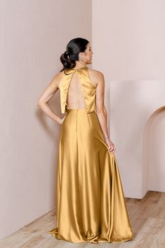 Model: Audra; Size: 4 Gold Satin Halter Neck Dress, Revelry Gold Champagne Satin, Birdy Grey Gold Satin, Revelry Bridesmaid Dresses Deep Olive, Revelry Bridesmaid Dresses Champagne, Wedding Parties Colors, Bridesmaid Dress Colors, Wren, Colorful Party