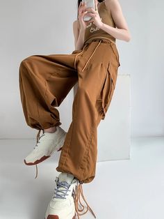 Tavimart Loose Casual Cargos Pants Wide Leg Pants Women New Drawstring Oversized Trousers Big Pocket Mid-Waist Ankle-Length Pants Baggy High Waist Brown Parachute Pants, Baggy High-waist Brown Harem Pants, Baggy Brown High Waist Harem Pants, Baggy High Waist Brown Harem Pants, Brown Baggy High Waist Harem Pants, Brown Baggy High-waist Harem Pants, Baggy Brown Wide-leg Cargo Pants, Wide Leg Harem Pants With Drawstring For Streetwear, Brown High-waisted Cargo Pants With Elastic Waistband