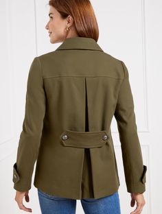 Our military-inspired peacoat is a timeless staple. In looks-good, feels-good twill. Beautifully tailored with flap front pockets and easy button front closures. Features Gift Box/Gift Wrap is not available for this item. Long Sleeve Hits At Hip Button front closure Flap front pockets Lined Imported Fit: Misses: 25"; Petite: 23 1/2"; Plus: 27 1/2"; Plus Petite: 25 1/2" Material: 97% Cotton, 3% Spandex; Lining: 100% Polyester Care: Dry Clean | Military Peacoat Talbots Double-breasted Utility Jacket With Pockets For Work, Khaki Double-breasted Pea Coat With Pockets, Double-breasted Khaki Pea Coat With Pockets, Utility Blazer With Flap Pockets For Work, Classic Pea Coat With Flap Pockets For Work, Fall Khaki Blazer With Flap Pockets, Military Utility Jacket With Lapel Collar, Military Utility Jacket With Lapel Collar And Button Closure, Fitted Khaki Pea Coat With Pockets