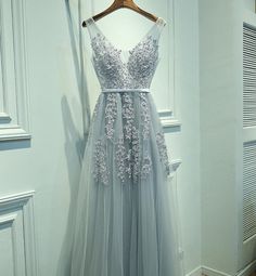 0170306201459_large Grey Prom Dress, Robes D'occasion, Lace Bride, Tulle Bridesmaid Dress, V Neck Prom Dresses, Lace Formal Dress, Lace Prom Dress, فستان سهرة, Lace Evening Dresses