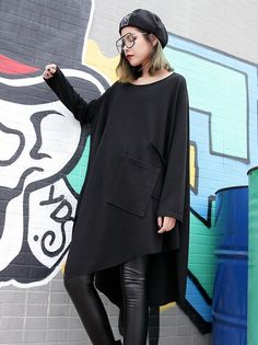 Sku CY-!21688 Material Cotton-blend Style Loose , Plus Size , Cropped , Long Sleeves Feature Asymmetric Occasion Casual , Vacation , Urban Neckline Round-neck Seasons Spring , Autumn , Winter Type Mini Dresses , T-Shirts Tops Color BLACK Size FREE SIZE Size chart: Please consult the size chart we provide for this item's measurements to help you decide which size to buy. Please note: There may be 1-3cm differ due to manual measurement. CMINCH Cm Bust Waist Shoulder Sleeve Length FREE SIZE 150 172 Plus Size Cropped, Cotton Silk Dress, Loose Maxi Dress, Lantern Sleeve Dress, Sleeveless Short Dress, Plus Size Designers, Long Shirt Dress, Black Shirt Dress, Fashion Seasons