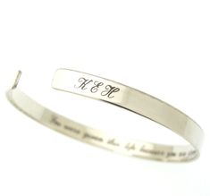 Personalized sterling silver cuff bracelet for women. Personalized Gift. Custom skinny cuff bracelet for her. Initials cuff bracelet for women. Personalized present for her, birthday gift, mommy bracelet, delicate cuff bracelet for loved one. The delicate bracelet is ready to be both sides personalized. Engrave it with initials and names in a lovely font outside and with a hidden message inside. These can be words of love, gratitude, or a quote to give some inspiration. Are you looking for a spe Initials Bracelet, Initial Bracelet Silver, Engraved Cuff, Love Gratitude, Bracelet For Her, Bracelet Initial, Present For Her, Moms Bracelet, Sterling Silver Initial