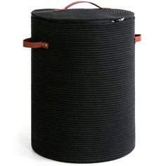 a large black storage basket with leather handles