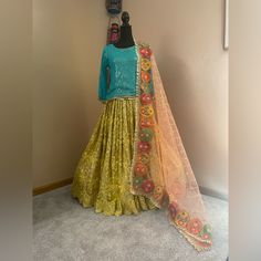 Three Color Contrast Outfit Lehenga Choli And Dupata .Lehenga With Cancan.Stuff Net With Cutdana Embroidered.Medium Size And Just One Time Use . Contrast Outfit, Traditional Lehenga, Outfit Traditional, Bridal Outfit, Color Contrast, Bridal Outfits, Lehenga Choli, Three Color, Lehenga