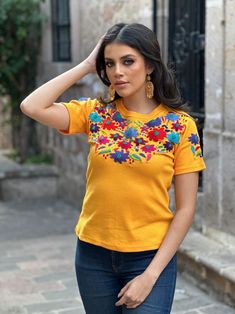 Floral Embroidered T-shirt. Size S 3X. Artisanal Mexican - Etsy Traditional Cotton Crew Neck Shirt, Traditional Crew Neck Cotton Shirt, Bohemian Tops With Geometric Embroidery And Crew Neck, Bohemian Crew Neck Top With Geometric Embroidery, Casual Yellow Embroidered T-shirt, Bohemian Embroidered Summer T-shirt, Yellow Short Sleeve Embroidered Casual Top, Yellow Casual Short Sleeve Embroidered Top, Casual Yellow Short Sleeve Embroidered Top