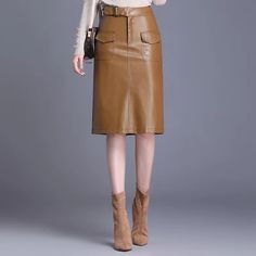 SPECIFICATIONS Leather Skirt Women 2022 New Spring Autumn Straight Skirts Solid Color Casual PU Leather Knee Length Skirts womens high quality Brand Name: None Material: Faux Leather Style: Casual Elasticity: Slight Strech Origin: Mainland China CN: Hubei Fabric Type: Leather Waistline: Natural Factors Pattern Type: Solid Fit Type: Regulai Fit Silhouette: STRAIGHT Dresses Length: Knee-Length Decoration: Pockets Place Of Origin: China (Mainland) is_customized: No Model Number: YY3585 Gender: WOME Non-stretch Skirt For Fall Workwear, Non-stretch Skirt For Office In Fall, Winter Skirt With Belt Loops, Non-stretch Office Skirt For Fall, Office Mini Skirt With Belt Loops, Office Skirt With Belt Loops For Fall, Solid Mini Skirt For Office In Fall, Solid Color Mini Skirt For Office In Fall, Fall Midi Pencil Skirt With Pockets