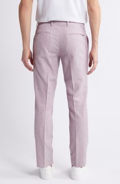 Smarten up your office ensembles with these polished pants made with classic creases. 31" inseam; 14 1/2" leg opening; 10 1/2" front rise; 16" back rise (size 34) Zip fly with button-tab closure Front slant pockets; welt coin pocket; back welt pockets Partially Lined 54% cotton, 40% virgin wool, 5% polyamide, 1% elastane Dry clean Made in Turkey Fitted Chinos With Button Closure And Straight Legs, Fitted Straight Chinos With Button Closure, Fitted Chinos With Button Closure, Fitted Chinos With Button Closure For Business Casual, Fitted Button Closure Chinos For Business Casual, Formal Red Bottoms With Welt Pockets, Red Formal Bottoms With Welt Pockets, Fitted Business Bottoms With Button Closure, Spring Full-length Chinos With Welt Pockets