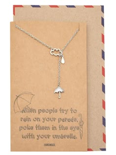 PRICES MAY VARY. Cloud Rain and Umbrella Charms Pendant: Our lariat necklace features adorable charms including a cloud, raindrops, and an umbrella, evoking the whimsical imagery of a rainy day. Crafted with attention to detail, these charms add a playful and charming touch to the necklace, making it a delightful accessory. Funny Greeting Card: Each necklace comes with a funny greeting card, adding an extra layer of humor and personalization to the gift-giving experience. The card features witty Cloud Rain, Friendship Symbols, Charms Necklace, Best Friend Jewelry, Inspirational Jewelry, Pewter Pendant, Funny Greetings, Birthday Gifts For Best Friend, Funny Greeting Cards