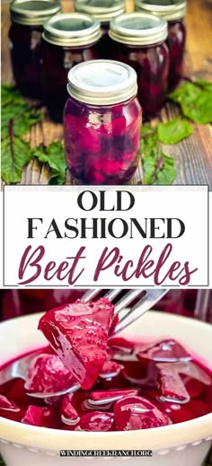 jars filled with beet pickles sitting on top of a table