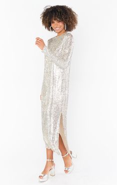 Maddison Dress ~ Platinum Sequins – Show Me Your Mumu Silver Sparkle Dress, Disco Outfits, Sequin Bridesmaid Dress, Christmas Bridesmaids, Silver Sequin Dress, Going Out Dress, Bachelorette Party Outfit, Brunch Dress, Rehearsal Dinner Dresses