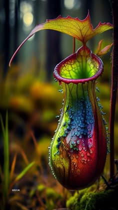 a colorful vase with water droplets on it sitting in the grass next to a tree