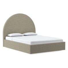 a bed with an oval headboard and white pillows on it's sides, in front of a white background