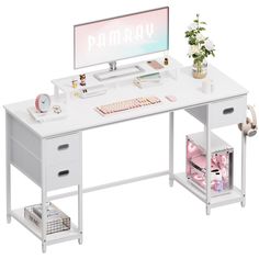 a white desk with a computer monitor and keyboard