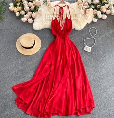 Halter Backless Dress, Holiday Dresses Women, Backless Long Dress, Red Summer Dresses, Korean Dress, Suspender Dress, Chiffon Ruffle, Dress Silhouette, Outfit Casual