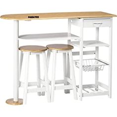 a kitchen island with two stools and a basket on the bottom shelf next to it