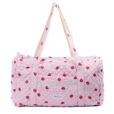 Introducing the Strawberry Large Duffel Bag – a spacious carry-all with a convenient zippable front pocket, designed to make a statement wherever life takes you.    The quilted exterior features a beautiful strawberry-themed pattern, complemented by a classy pink gingham interior.     Perfect for extended trips, weekend getaways, or as a chic gym companion, the Strawberry Large Duffel Bag effortlessly combines fashion and functionality.   Size: 20" x 12" x 11" Brandy Duffle Bag, Duffel Bag Aesthetic, Rush Bag, Cute Pink Bag, Gingham Interior, Chic Gym, Quilted Duffle Bag, Large Duffle Bag, Cute Suitcases