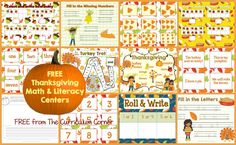 free thanksgiving math and literacy centers for the children to practice their handwriting, numbers, and writing skills