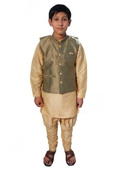 Cotton Silk Fabric, Boys Kurta, Pajama Outfits, Kurta Pajama, Cotton Kurta, Boys Set, Full Sleeves, Golden Color, Mandarin Collar