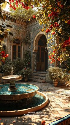 an outdoor fountain surrounded by potted plants