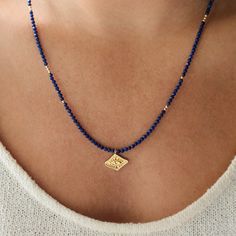 Want to save 15% off your first order? Sign up for our newsletter by visiting our website and filling out the pop up form. Receive a code by email, then send us that code through Etsy messages to save 15% off your ETSY order, sign up here: www.earthlyabundancejewelry.com  D E T A I L S △ 14K gold filled clasp and extender △ Gold vermeil evil eye △ Length is 16-18" [adjustable] △ Lapis Lazuli 2.5mm [faceted cut] △ Gemstones are 100% genuine  Lapis Lazuli: inner peace, knowledge, wisdom Q U A L I Lapis Jewelry, Gemstone Properties, Lapis Lazuli Necklace, Lapis Lazuli Beads, Gold Charm, How To Make Beads, Beaded Necklaces, Necklace Gold, Lapis Lazuli