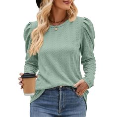 TEMOFON Shirts for Women Crewneck Casual Puff Long Sleeve Shirts Tunic Blouses Fall Tops. This blouses for women use skin-friendly soft fabric comfortable to wear. Womens shirt features crewneck, long puff sleeve, pullover, tunic tops, solid color sweatshirts, loose fit style. Womens tops is classic and casual to daily wear, it is a basic dressy blouses to add to your wardrobe in fall and winter. Crewneck sweatshirt women with jeans makes you look more cute and fashion. Fashion Clothing Match Th Trendy Solid Color Tops With Lantern Sleeves, Trendy Tops With Lantern Sleeves In Solid Color, Casual Non-stretch Blouse With Lantern Sleeves, Trendy Lantern Sleeve Tops In Solid Color, Trendy Lantern Sleeve Top, Casual Puff Sleeve Tops In Solid Color, Casual Puff Sleeve Solid Color Tops, Casual Puff Sleeve Blouse In Solid Color, Casual Puff Sleeve Solid Color Blouse