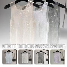 Top Seller for Shiny Bling Crystal Diamond Fishnet Vest Tank Top Tee Cocktail Party Clubwear, Womens Tops Fitted Disco Top For Summer, Fitted Disco Tops For Summer, Fitted Disco Style Summer Tops, Fitted Sequin T-shirt For Summer, Trendy White Tank Top For Party, Long Sleeve T-shirt For Spring Party, Elegant White Club Top, Elegant White Tops For Club, Elegant Summer Club Top