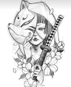 a drawing of a girl holding a mask and a knife in her hand with flowers around her