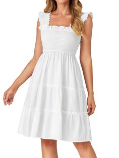 PRICES MAY VARY. Fabric: 100%Cotton, which is lightweight, soft and breathable. Ruffle sleeveless mini dress is made up for skin-friendly, breathable material, high-grade fabric, pleasant wearing experience, look cute and stunning. Features: Women Square neck mini dress with a wide ruffle strap, flexible smocked waist, show your waistline but not too tight, a line and tiered hem, special and look like a countryside vintage sundress, is perfectly for a cute and trendy outfit. Match: A line mini d Teen Summer Dresses, Cute Midi Dresses Casual, Cute Dresses White, White Sun Dress Outfit, Dresses Mid Length, White Dress Amazon, Dress Amazon, Smocked Dress For Women, Tiered Mini Dress