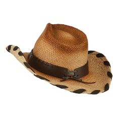 Raffia Leatherette Cowboy HatMade of 100% raffia straw.One size fits most for ladies, fitting up to 57 cm.Fitted with an inner elastic tie band.Adult/Woman.Crown measures 5 inches high.Brim measures 3 1/2 inches long.Hand wash only.Imported. Western Urban style woman's raffia cowboy hat with hatband.Pinched tear-shaped top crown.Crown is accentuated with a metal detailed leatherette hatband.Side brim is naturally upturned, wired brim.Woven ribbon trim along the edge of brim.Our raffia cowboy hat Short Brim Straw Hat For Western-themed Events, Western Style Woven Straw Hats, Western Straw Fedora With Woven Detail, Brimmed Straw Ranch Hats, Western Style Short Brim Woven Straw Hat, Country Style Straw Fedora Hat, Adjustable Brimmed Straw Hat For Country Events, Adjustable Straw Hat For Rodeo With Short Brim, Western Style Woven Straw Hat Band