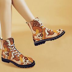 Step out in style with these gorgeous retro inspired boho women's boots in earthy tones. With a stunning floral, mushroom and butterfly design, these boots are the perfect addition to any fashion-forward wardrobe. 👉 Check out the matching bag here to go with this brown boho boots:  https://gearedupaccessories.etsy.com/listing/1585686099  Crafted from ethically sourced vegan materials, these boots are built to last and offer exceptional comfort with every step. The unique design is sure to turn Multicolor Retro Boots For Fall, Retro Multicolor Boots For Fall, Vintage Multicolor Boots For Fall, Retro Lace-up Spring Boots, Retro Lace-up Boots For Spring, Retro High-top Boots For Fall, Brown Retro Boots For Spring, Retro Brown Boots For Spring, Retro Ankle-high Boots For Fall