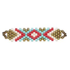 a beaded bracelet with red, white and blue beads on the end of it