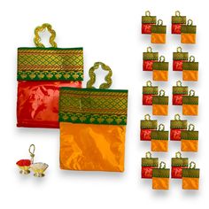 an assortment of colorful bags and decorations on white background with clippings for each bag