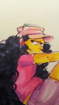 a drawing of a woman with long black hair and a pink top on her head