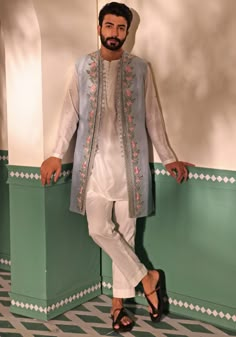 Powder Blue And Ivory Long Jacket Kurta Set Shreyansh - Fabilicious Fashion Kurta Set For Men Wedding, Indian Menswear Wedding, Kurta And Jacket For Men Wedding, Bollywood Mens Fashion, Dhoti Kurta For Men Indian Weddings, Men Sangeet Outfits, Kurta Jackets For Men, Men Kurta Designs Style, Indian Mens Fashion