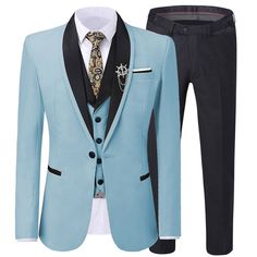 Package Includes: 1 x Jacket - 1 x Waistcoat - 1 x Pant

Indulge in the ultimate luxury of a tailor-made suit, with our custom sky blue suit, meticulously hand-stitched to your precise measurements. Using the finest Italian fabric and constructed with half-canvas construction, the suit's customized fit and premium fabric will complement your personality perfectly. The sky blue color palette of the suit exudes an air of elegance while the black lapels and black buttons add a touch of sophisticati Blue Tuxedo Blazer, Blue Tuxedo With Notch Lapel, Tailored Blue Suits With Suit Collar, Blue Tuxedo Three-piece Suit, Business Blue Single Breasted Tuxedo, Business Blue Single-breasted Tuxedo, Blue Single Breasted Tuxedo, Luxury Fitted Blue Three-piece Suit, Fitted Light Blue Suit For Formal Occasions