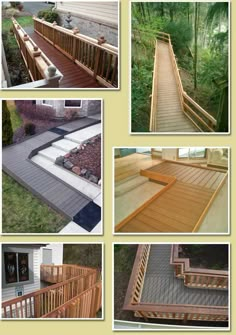 several pictures of different types of decks and railings in various stages of construction, including the steps leading up to the deck