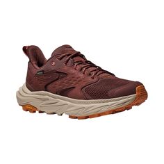 A lightweight, durable, and eco-friendly waterproof hiker for women, Hoka� Anacapa 2 Low GTX Waterproof Hiking Shoes for women offers reliable comfort and performance on the trail. Made of recycled polyester mesh and Leather Working Group gold-rated waterproof nubuck leather, this rugged hiker's upper protects and supports feet over any hike. GORE-TEX� Invisible Fit waterproof/breathable membrane technology inside this protective upper keep feet dry and comfortable, even in wet weather. Made wit Brown Trail Running Shoes With Rubber Sole For Sports, Functional Brown Low-top Trail Running Shoes, Outdoor Brown Running Shoes With Cushioned Footbed, Brown Gore-tex Sneakers With Cushioned Footbed, Brown Gore-tex Sneakers For Walking, Brown Gore-tex Walking Sneakers, Low-top Brown Trail Running Shoes, Brown Low-top Trail Running Shoes, Breathable Brown Trail Running Shoes