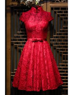 Chinese Burgundy Qipao Style Short Reception Party Dress With Sleeves Formal A-line Fitted Lace Dress, Fitted A-line Evening Dress For Gala, Fitted Red Dress For Banquet, Red Fitted Dress For Banquet, Fitted A-line Lace Prom Dress, Fitted Dress For Banquet Gala, Fitted Lace Dress For Prom Banquet, Fitted Dress For Banquet And Gala, Fitted Dresses For Gala Banquet