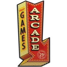 a large sign that says arcade on the side of it's wall and has an arrow pointing up