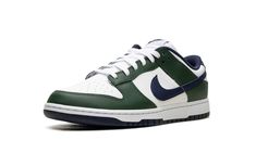 The Nike Dunk Low "Fir" is a colorway of the retro basketball shoe with a unique color scheme.  The Dunk Low at hand features a white leather base and Fir, or green, leather overlays.  A Midnight Navy leather Swoosh appears on both sides, while “Nike” branding is embroidered on the heel in yellow.  Additional “Nike” detailing can be found on the tongue along with a Swoosh logo.  Underfoot, a white midsole and navy outsole complete the look.  Release date: December 5, 2023 Jordan Golf, Nike X Travis Scott, Penny Hardaway, Yeezy Foams, Retro Basketball Shoes, Nike Branding, Retro Basketball, Jordan 8, Gel Lyte