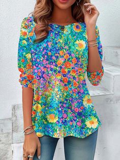 Colourful Floral Print Long Sleeve Blouse Floral Clothes, Denim Short Jumpsuit, Two Piece Jumpsuit, Long Sleeve Short Dress, Maxi Dress Green, Spring Shirts, Long Sleeve Tees Women, Pattern Floral, Blue Pattern