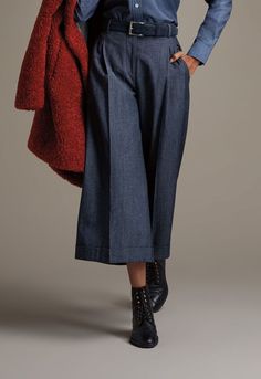 Wool & Cotton Denim Culotte Relaxed Fit Wool Bottoms For Fall, Relaxed Fit Wool Pants For Fall, Wool Pants For Fall With Straight Leg, Denim Blue Wide Leg Pants With Welt Pockets, Denim Blue Wide Leg Pants For Winter, Chic Winter Denim Bottoms, Business Casual Wide Leg Bottoms For Fall, Wide Leg Bottoms For Business Casual In Fall, Spring Wool Wide Leg Workwear Pants