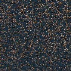 a dark blue and gold wallpaper with small brown branches on the left side, against a black background